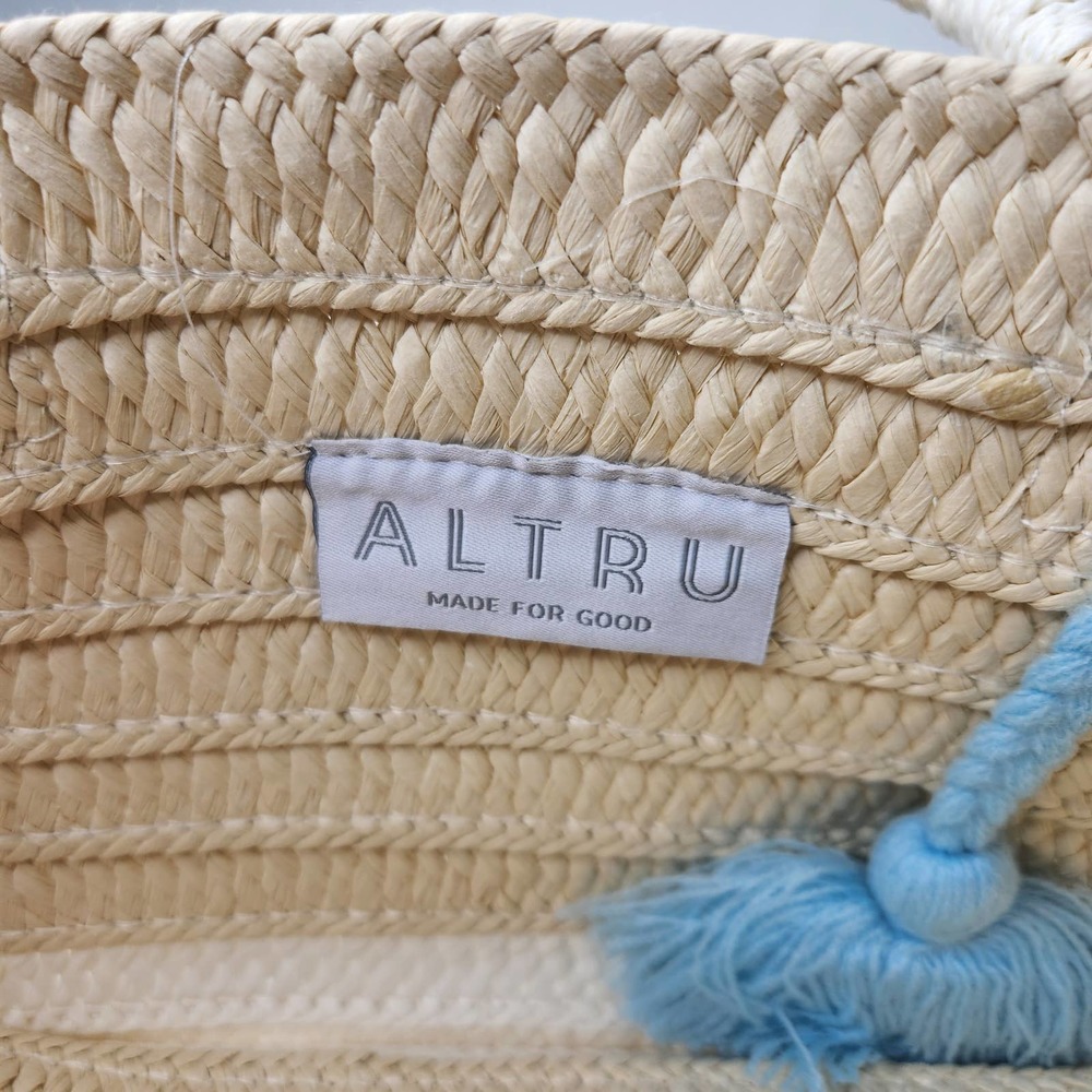 Altru Women's Tan White Pom Pom Tassel Beach Shopping Straw Woven Tote Bag - Picture 4 of 8